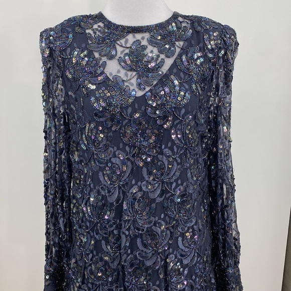 Lillie Rubin Sequin Cocktail Dress Womens Size Small Blue Mesh‎ Vintage Lace - Picture 2 of 13